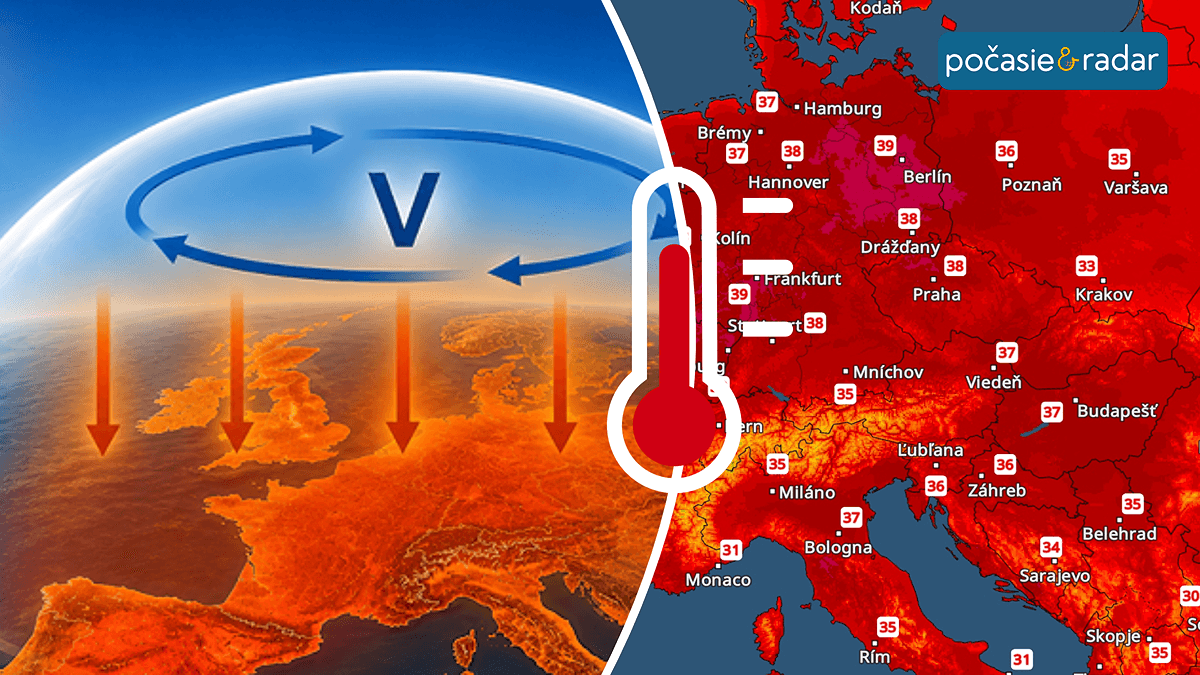 Koláž tepelnej kupoly nad Európou a teplotnej mapy strednej Európy s extrémnymi horúčavami